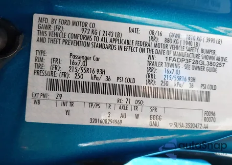 2016 Ford Focus Se из США, поврежденный, VIN 1FADP3F28GL380257